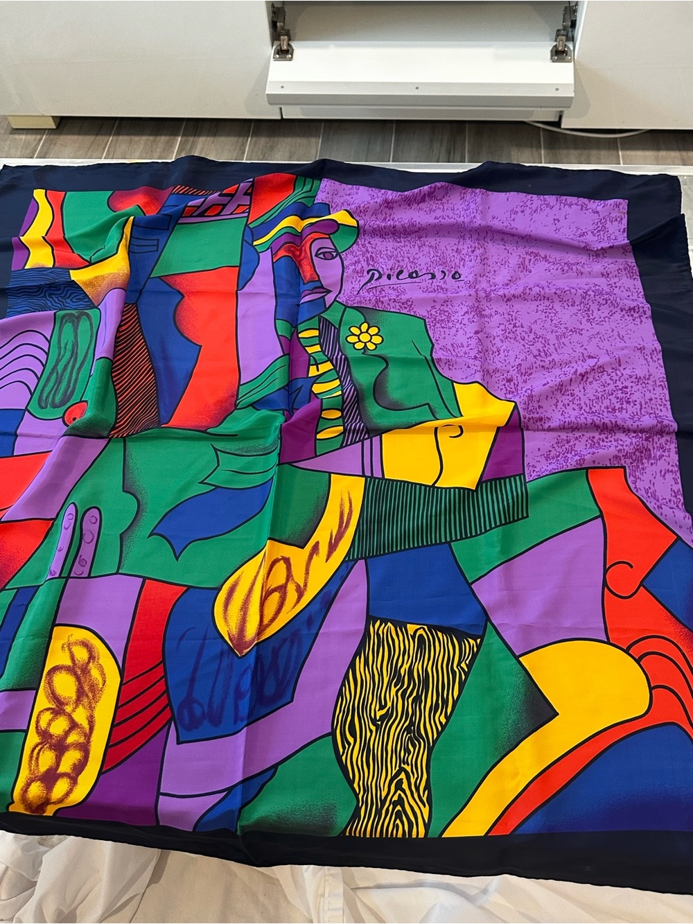 Picasso portrait scarf Colorful Abstract Silk Scarf with Signature Detail